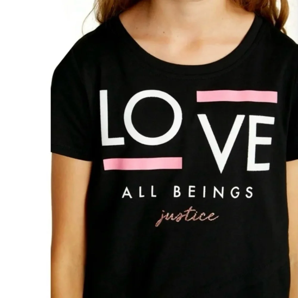 Justice Black Tee with Pink and White Accents